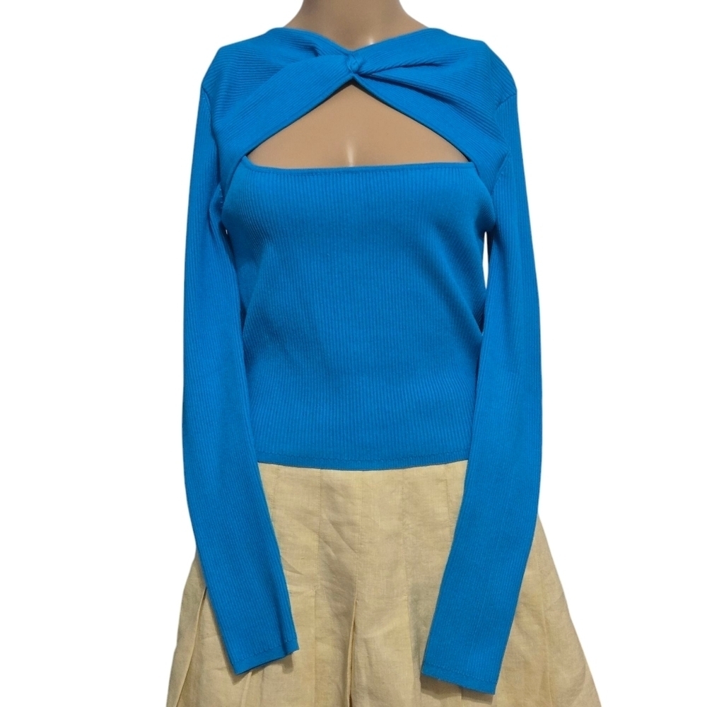Zara Blue Longsleeve Fitted Cut-out Ribbed Knit Top WomensSize Large